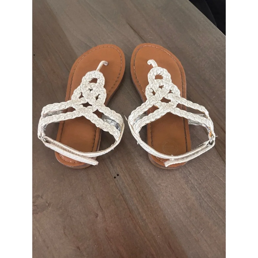 Wonder Nation Girls White Braided T-Strap Thong Sandals Size 9 Hook and Loop
